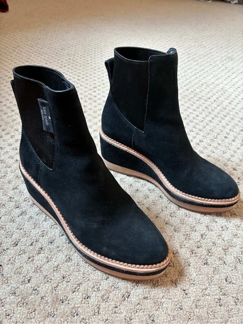 kate spade Black Suede Ankle Boots with Tan Trim